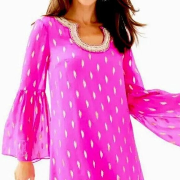 NWOT Lilly Pulitzer Amory Silk Dress in Raz Berry Diamond Metallic Clip - Picture 3 of 10